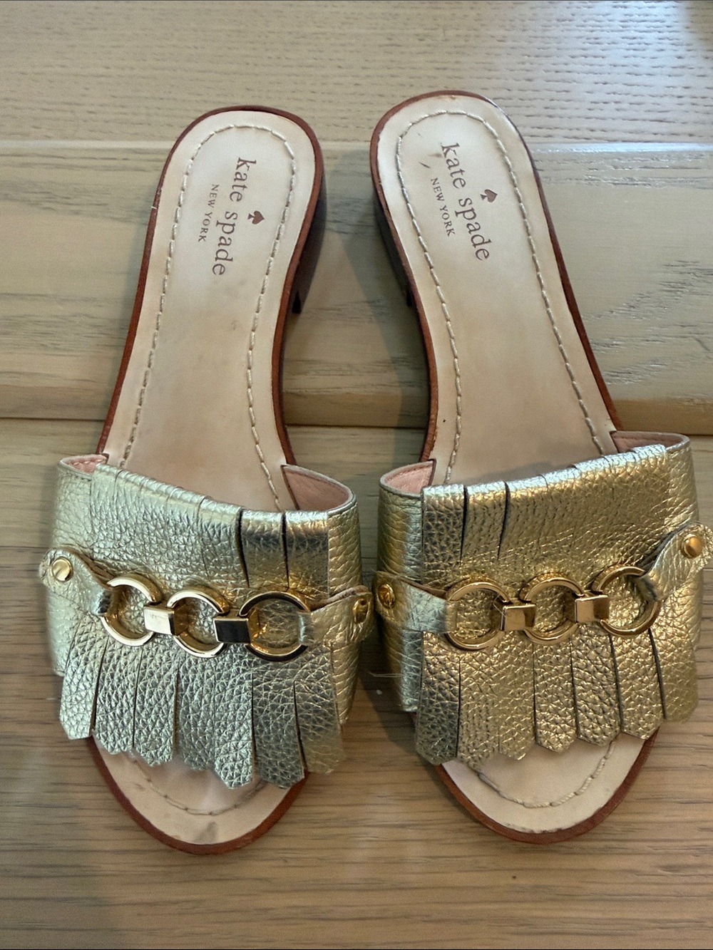 kate spade Metallic Gold Fringe Chain Slide Mules